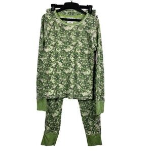 Rene Rolfe 2 Piece Camouflage Green Pink Stars Long Sleeve Top Pant Pajama Set L